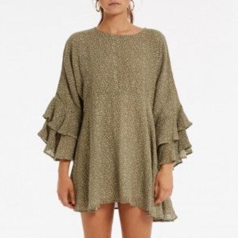 Zulu & Zephyr ramie long sleeve oversized sage polka dot oversized dress XS